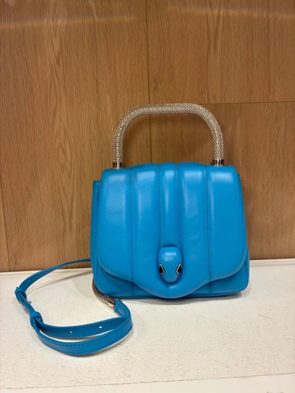 Sky Blue Leather Top-Handle Shoulder Bag